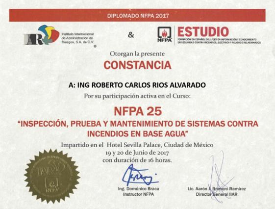 Constancia de inspección, prueba y mantenimiento bajo NFPA 25