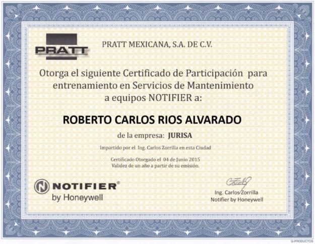 Certificado de capacitación Notifier